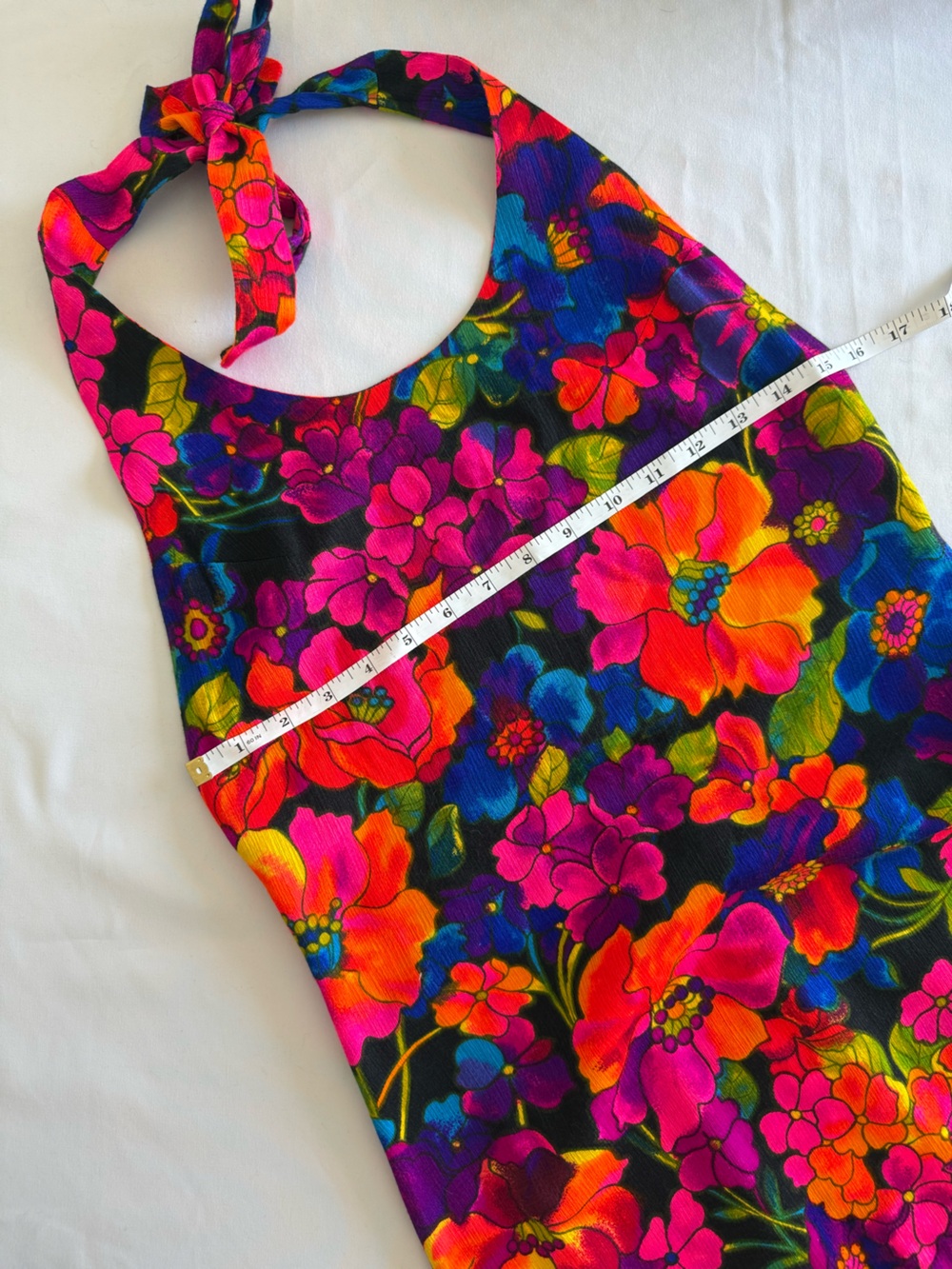 Vintage Vibrant Floral Halter Maxi Dress - Bright Pink & Orange Flowers - Picture 3 of 7